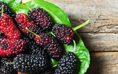 Fresh ripe black mulberry berry fruit with leaf on rustic wooden background, blackberry summer red fruits concept 