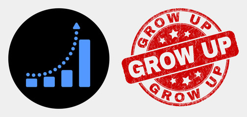 Rounded growing chart trend icon and Grow Up seal. Red rounded textured seal with Grow Up text. Blue growing chart trend symbol on black circle.