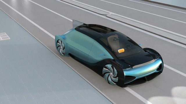 Self driving sedan closed door and driving through urban intersection. Autonomous bus following the car. Ride sharing concept. 3D rendering animation.