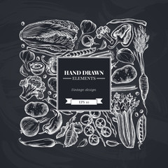 Square floral design with chalk onion, garlic, pepper, broccoli, radish, green beans, potatoes, cherry tomatoes, peas, celery, beet, greenery, chinese cabbage, cabbage, carrot