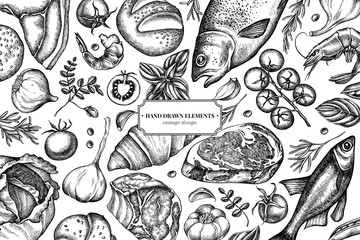 Floral design with black and white garlic, cherry tomatoes, peas, fish, shrimp, cabbage, beef, buns and bread, croissants and bread, basil, rosemary