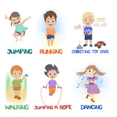 Cartoon of children doing different fun activities including running walking dancing collecting toy cars and jumping a rope. Vector illustration.