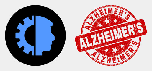 Rounded head gear pictogram and Alzheimer'S stamp. Red rounded grunge seal stamp with Alzheimer'S text. Blue head gear symbol on black circle. Vector composition for head gear in flat style.