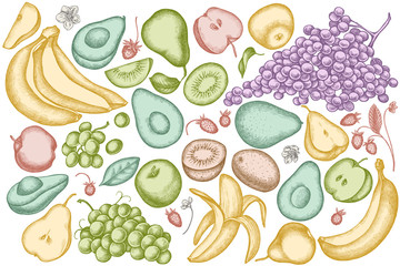 Vector set of hand drawn pastel apples, pears, avocado, kiwi, grapes, bananas, strawberry