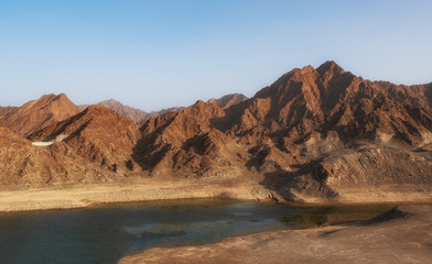 Fototapeta na wymiar Hatta Dam Lake scenery in eastern Dubai, United Arab Emirates