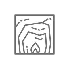 Cave life, fire, hearth, prehistoric home line icon.