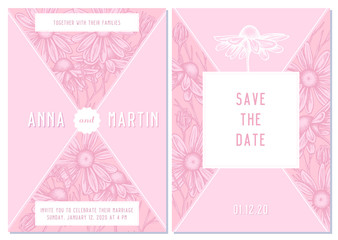 Wedding invitation card with pink chamomile