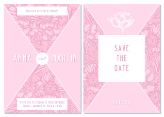 Wedding invitation card with pink poppy flower