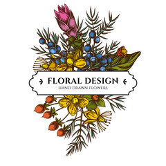 Floral bouquet design with colored juniper, hypericum, turmeric