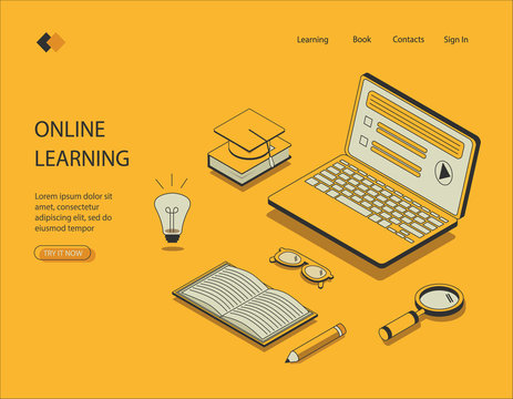 Isometric image on a yellow background of online learning. Visualization on the laptop screen test with questions, open book with pencil, student hat, light bulb generates ideas. Vector illustration.