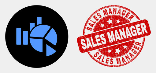 Rounded statistics charts icon and Sales Manager seal stamp. Red rounded scratched stamp with Sales Manager text. Blue statistics charts icon on black circle.