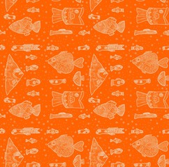Pattern watercolor fish in watercolor style on orange background. Exotic background.