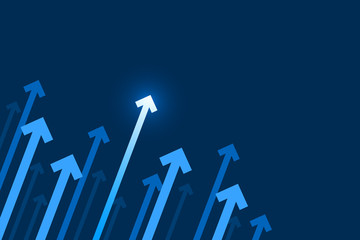 Top light arrows on dark blue background, copy space composition, business growth illustration concept.
