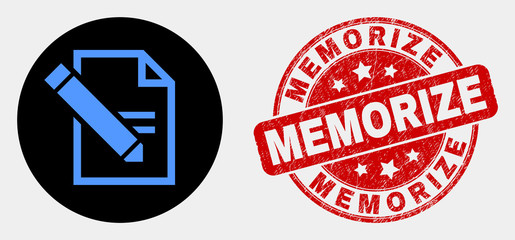 Rounded edit text page icon and Memorize seal stamp. Red rounded textured seal stamp with Memorize caption. Blue edit text page symbol on black circle.