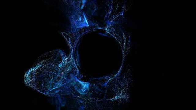 4k glow particles move in liquid flow and stumble upon a force field in the center of frame pushing apart particles, this is place for text or a logo. 3d sparkle ink with depth of field. Blue 3