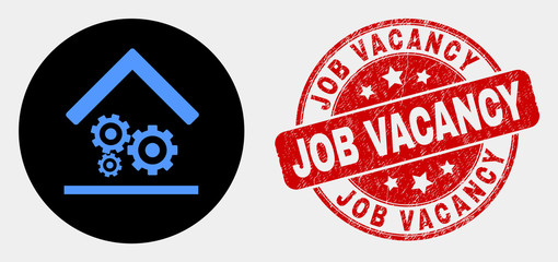 Rounded engine service garage icon and Job Vacancy watermark. Red rounded distress seal with Job Vacancy caption. Blue engine service garage icon on black circle.