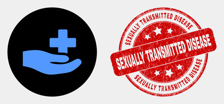 Rounded medical donation hand icon and Sexually Transmitted Disease stamp. Red rounded grunge seal stamp with Sexually Transmitted Disease text. Blue medical donation hand icon on black circle.