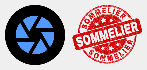 Rounded shutter icon and Sommelier watermark. Red rounded scratched watermark with Sommelier text. Blue shutter icon on black circle. Vector composition for shutter in flat style.