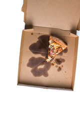 The last slice of pizza in the delivery box. Top view.