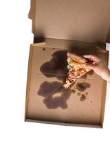 Grabbing the last slice of pizza out of the box. Top view.