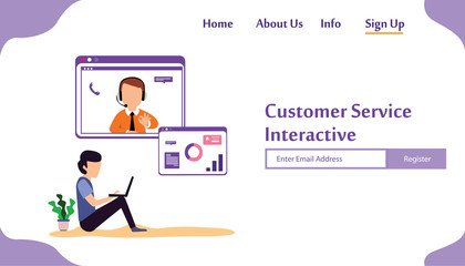 Fototapeta premium Landing Page Website Customer Service Interactive , Call Center for online Shopping and Business Concept Vector Template Design Illustration