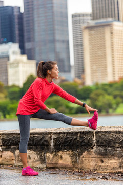 City Running Healthy Lifestyle Runner Woman Stretching Legs Exercise To Run In Urban Background. Sydney, Australia Travel. Asian Sport Girl.