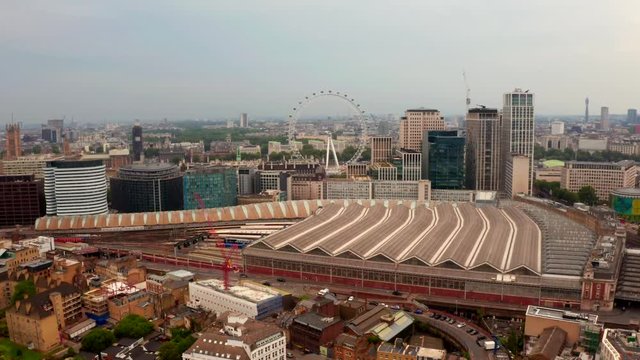 Aerial view of the Waterloo station and city skyline in London, UK. Beautiful city panorama.