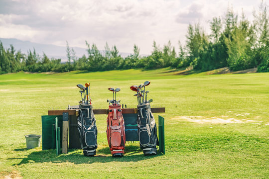 Golfing bags with clubs on golf course green grass background.