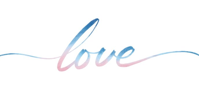 Love lettering text single line handwritten by pink blue watercolor brush isolated on white background 