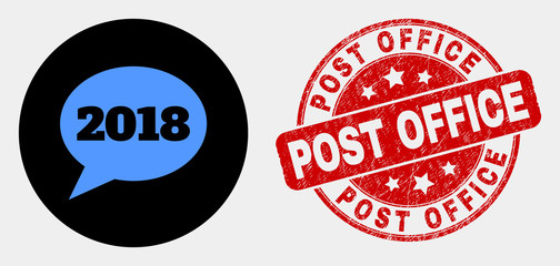 Rounded 2018 message balloon pictogram and Post Office seal stamp. Red rounded distress seal stamp with Post Office text. Blue 2018 message balloon symbol on black circle.