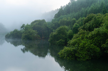 Fototapeta na wymiar 京都の湖に発生した朝霧と映り込み