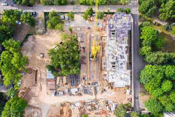 construction of new apartment building in city centre. aerial top view