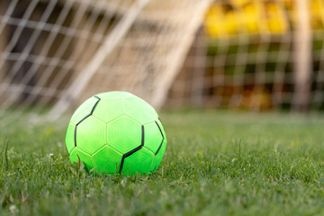 green  soccer ball  stopped just outside the goal