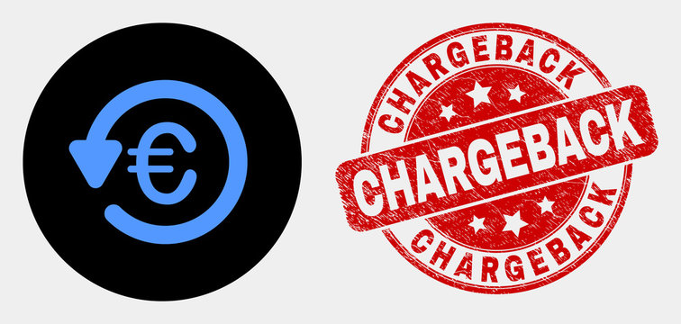 Rounded euro chargeback pictogram and Chargeback watermark. Red rounded distress watermark with Chargeback caption. Blue euro chargeback icon on black circle.