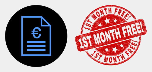 Rounded euro price page icon and 1St Month Free! seal stamp. Red round textured stamp with 1St Month Free! text. Blue euro price page icon on black circle.