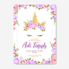 beautiful unicorn card template with floral wreath and gold glitter