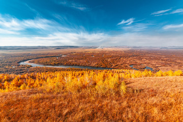 Fall Ergun wetlands in northern China, formerly known as root river wetlands, also known as 