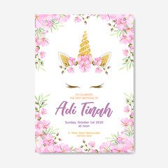 beautiful unicorn card template with floral wreath and gold glitter © lukasdedi