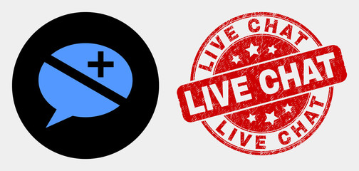 Rounded discussion messages icon and Live Chat seal. Red rounded textured watermark with Live Chat caption. Blue discussion messages icon on black circle.