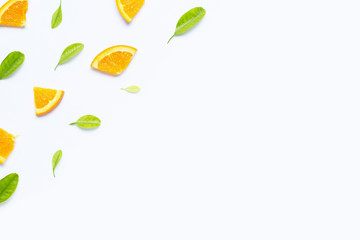 High vitamin C, Juicy and sweet. Fresh orange fruit with green leaves  on white.