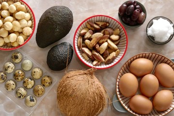 keto diet.low carb diet. coconut, avocado, coconut oil, Brazilian nuts, macadamia eggs, chicken and...