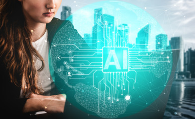 AI Learning and Artificial Intelligence Concept - Icon Graphic Interface showing computer, machine...