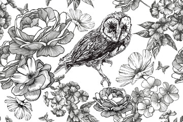 Bird owl and seamless floral background with roses and phloxes. Hand-drawn, vector illustration. - 275879763
