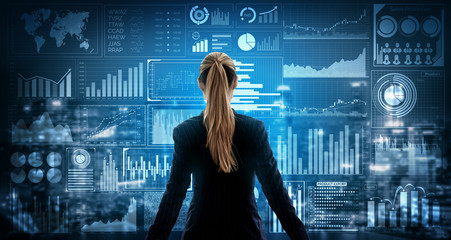 Big Data Technology for Business Finance Analytic Concept. Modern graphic interface shows massive...