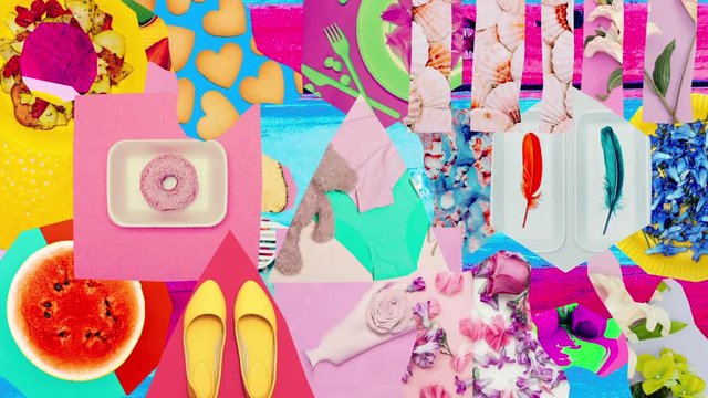 Geometric сhaos mix stylish textures and object. Zine collage art. Animation kaleidoscope design.