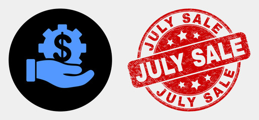 Rounded bank service hand icon and July Sale stamp. Red rounded grunge seal with July Sale caption. Blue bank service hand icon on black circle. Vector combination for bank service hand in flat style.