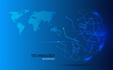 Abstract technology background. concept earth map and line on blue background.