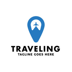 Travel Logo Design Concept of Airplane Icon with Pin Map And Navigation Symbol. Traveling Logo Vector for Vacation, Adventure, Tour And Holiday.