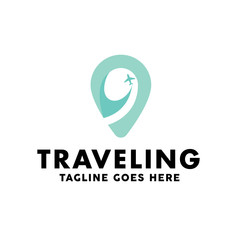 Travel Logo Design Concept of Airplane Icon with Pin Map And Navigation Symbol. Traveling Logo Vector for Vacation, Adventure, Tour And Holiday.