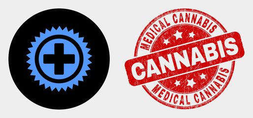 Rounded medical cross icon and Medical Cannabis stamp. Red rounded distress stamp with Medical Cannabis text. Blue medical cross icon on black circle.